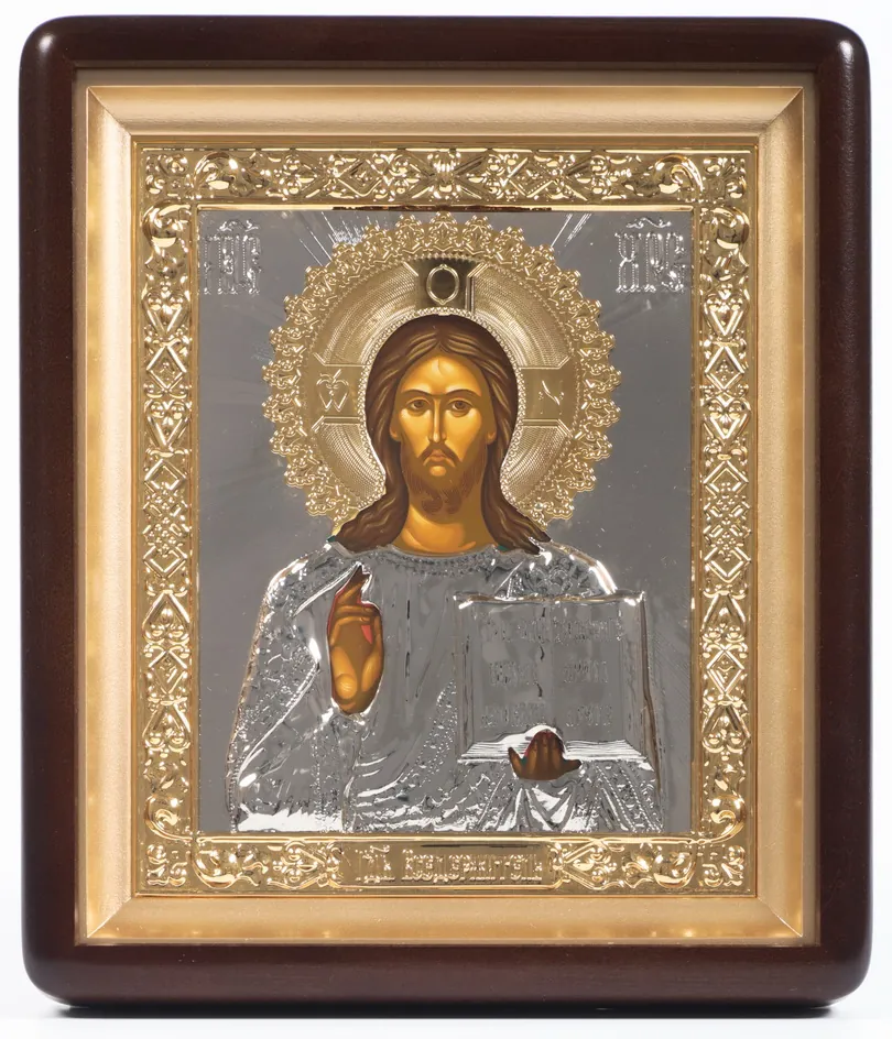 Icon in icon case 18×24 shaped, tempera, 3D riza, closed, partly gilded Saviour