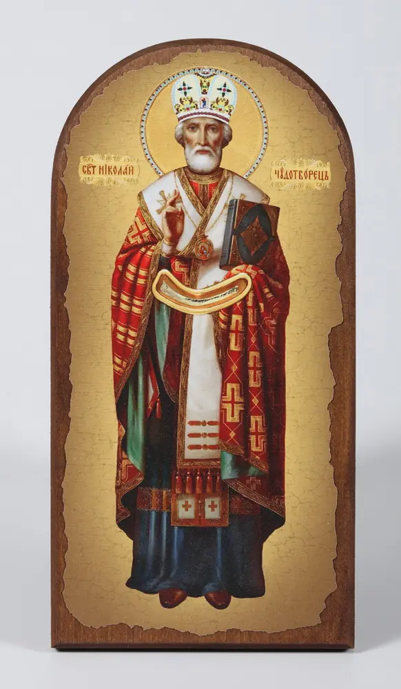 Icon on wood 11×22 arched, canvas, packaging Nicholas the Wonderworker (full-length, recessed field)