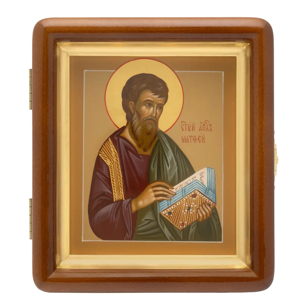 ფერწერული ხატი დაფაზე კიოტში 11×13 ტემპერა, მოოქროვილი შარავანდედი, კიდობანი, კიოტი №1 მოციქული მათე, 03919