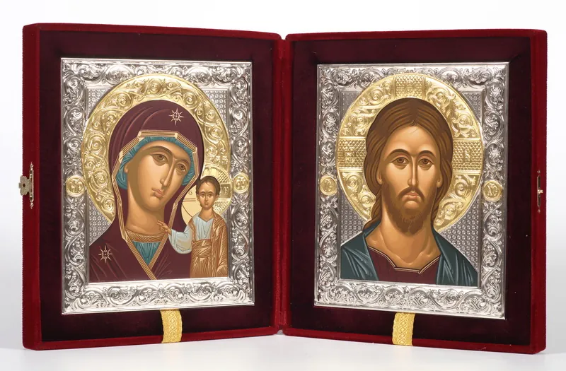 Folding icon in case 18×24 velvet, tempera, riza cover nickel, gilded halo crown Saviour-Kazan Mother of God