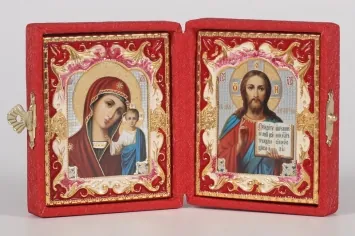 Folding icon in case 6×7 zafiro, double embossing, shaped frame, gilding, enamel Saviour-Kazan Mother of God 14