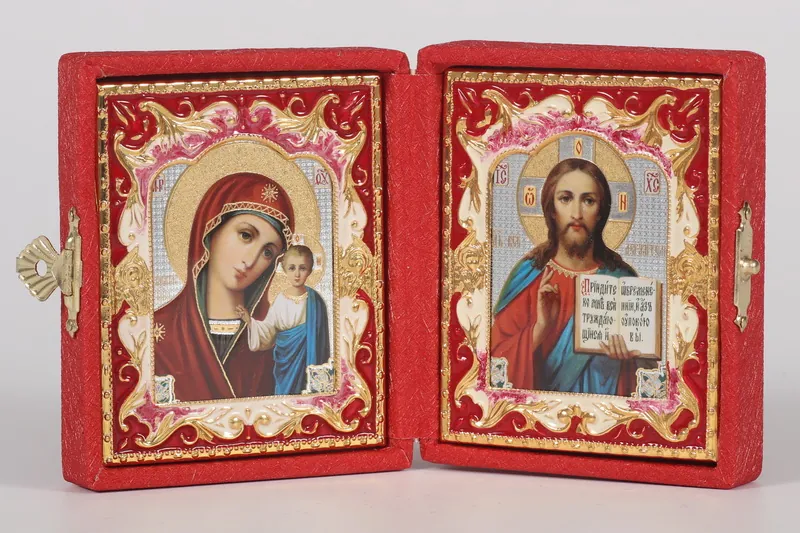 Folding icon in case 6×7 zafiro, double embossing, shaped frame, gilding, enamel Saviour-Kazan Mother of God 14