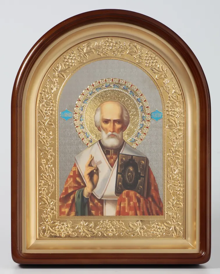Icon in icon case 24×30 complex, arched, photo, 3D riza, open, gilding, enamel Nicholas the Wonderworker