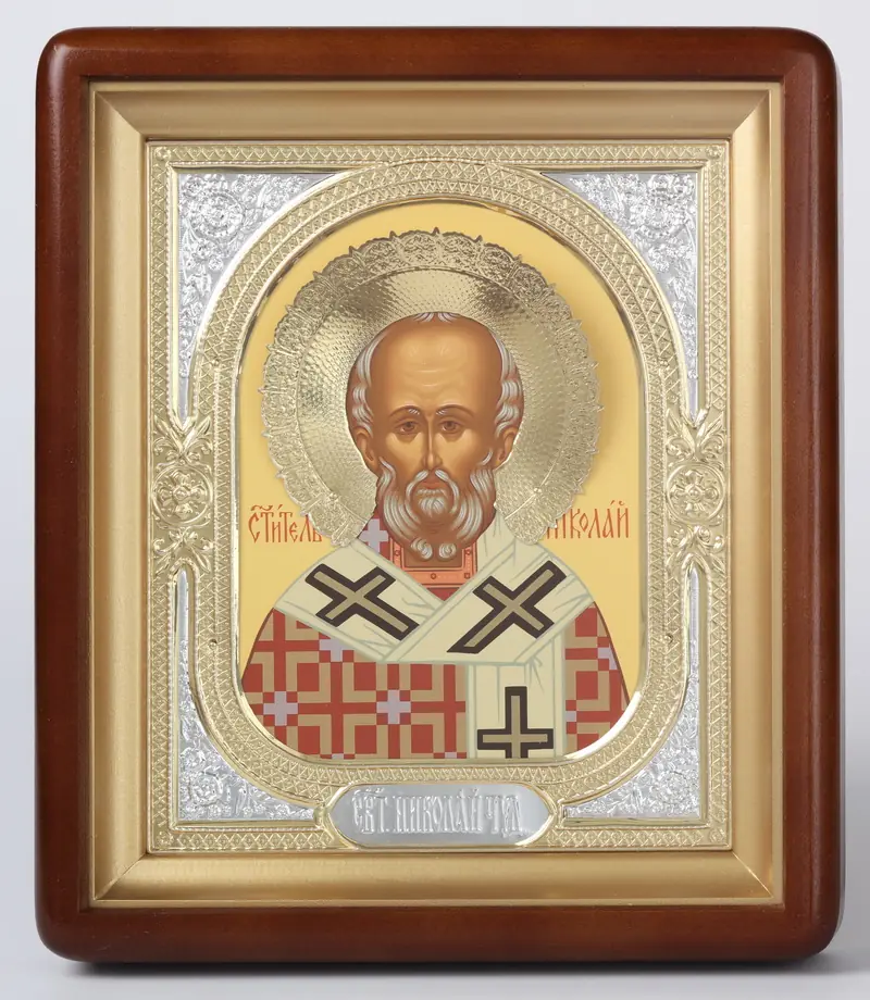 ხატი კიოტში 18×24 ფიგურული, ტემპერა, გვირგვინი, მოჭედილობა-ჩარჩო №1 ნიკოლოზ საკვირველთმოქმედი