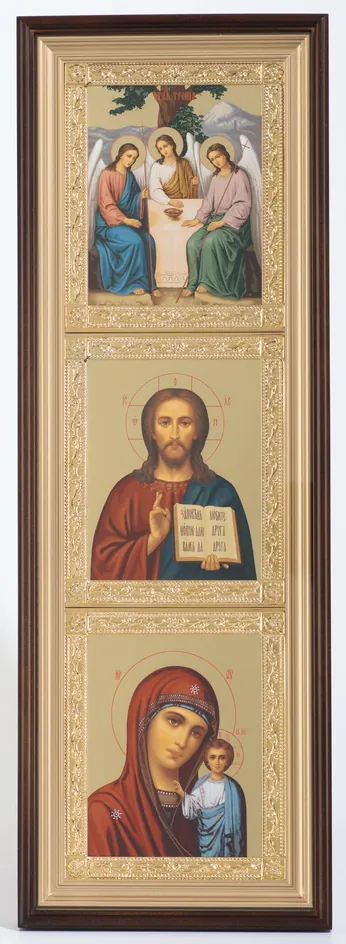 Icon in icon case 20×70 complex, tempera №8, gilded frame Trinity 1-Saviour 1-Kazan Mother of God 1