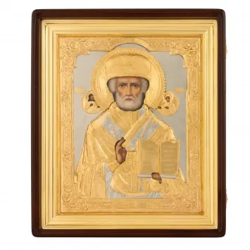 Painted icon in icon case 30×40 oil, riza cover №314, icon case №1 Nicholas the Wonderworker