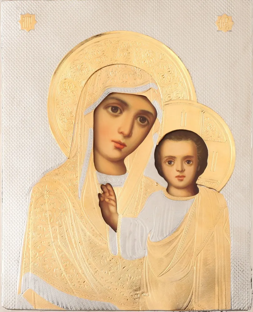Painted icon of the Mother of God «Kazan» 18×24, oil, riza cover №14, gilding