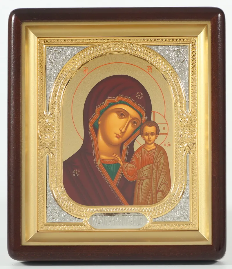 ხატი კიოტში 18×24 ფიგურული, ტემპერა №8, მოცულობითი მოჭედილობა-ჩარჩო, ღია, მოოქროვილი, მონიკელება ყაზანის ღვთისმშობელი