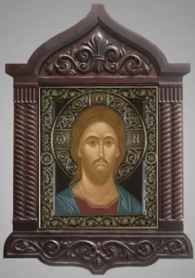 Icon in icon case 18×24 open tempera, patinated riza, finial Saviour