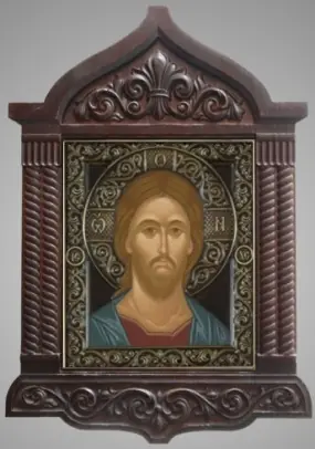 Icon in icon case 18×24 open tempera, patinated riza, finial Saviour