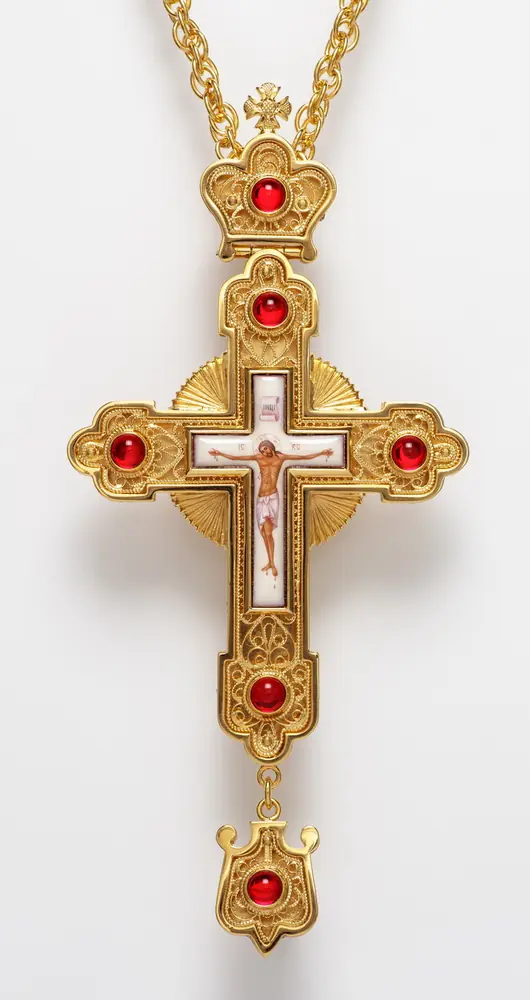 Pectoral cross filigree №0025 Tryphon double rim, enamel miniature / gilding