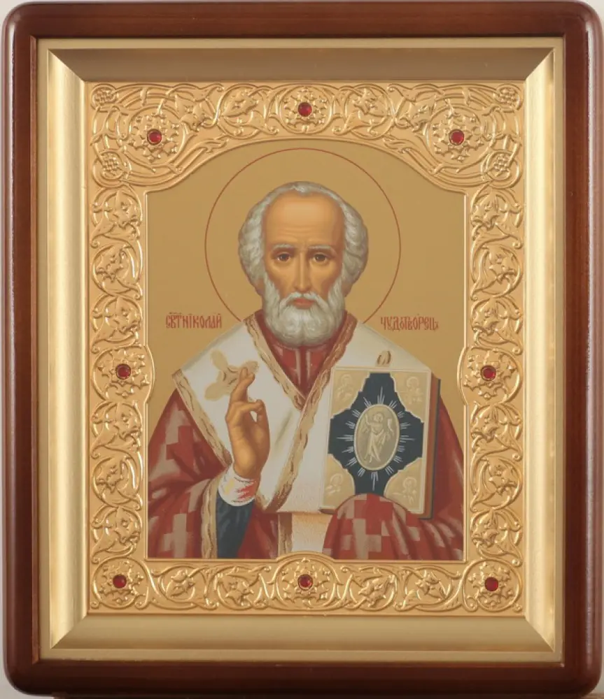 Icon in icon case 18×24 shaped, tempera, shaped frame, gilded Nicholas the Wonderworker 1