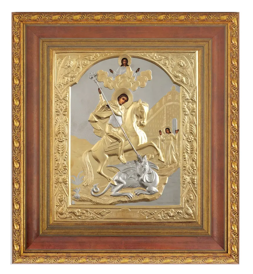 Painted icon in icon case 30×40 oil, riza cover №38, matte gilding, icon case №22 George the Victorious