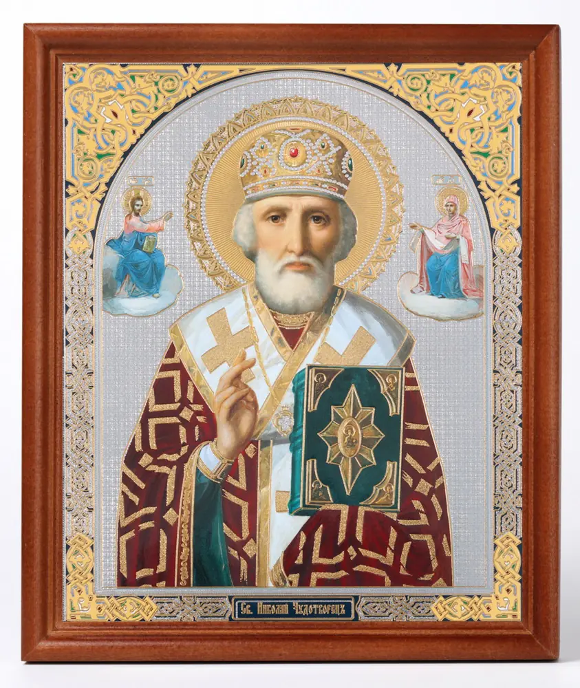 Icon in wooden frame №1 18×24 double embossing Nicholas the Wonderworker with attendant saints