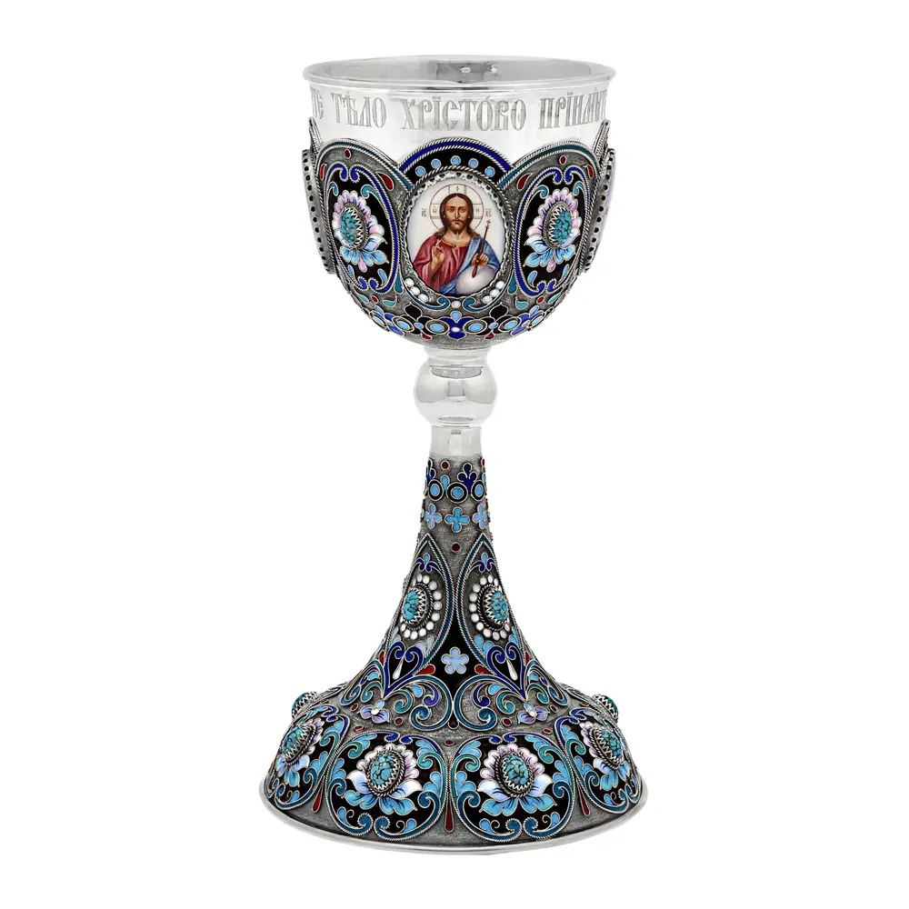 Chalice 0.5 l 4-enamel miniatures, filigree, enamel, painting “Wheat ear №1” / silver plating with niello / silver cup