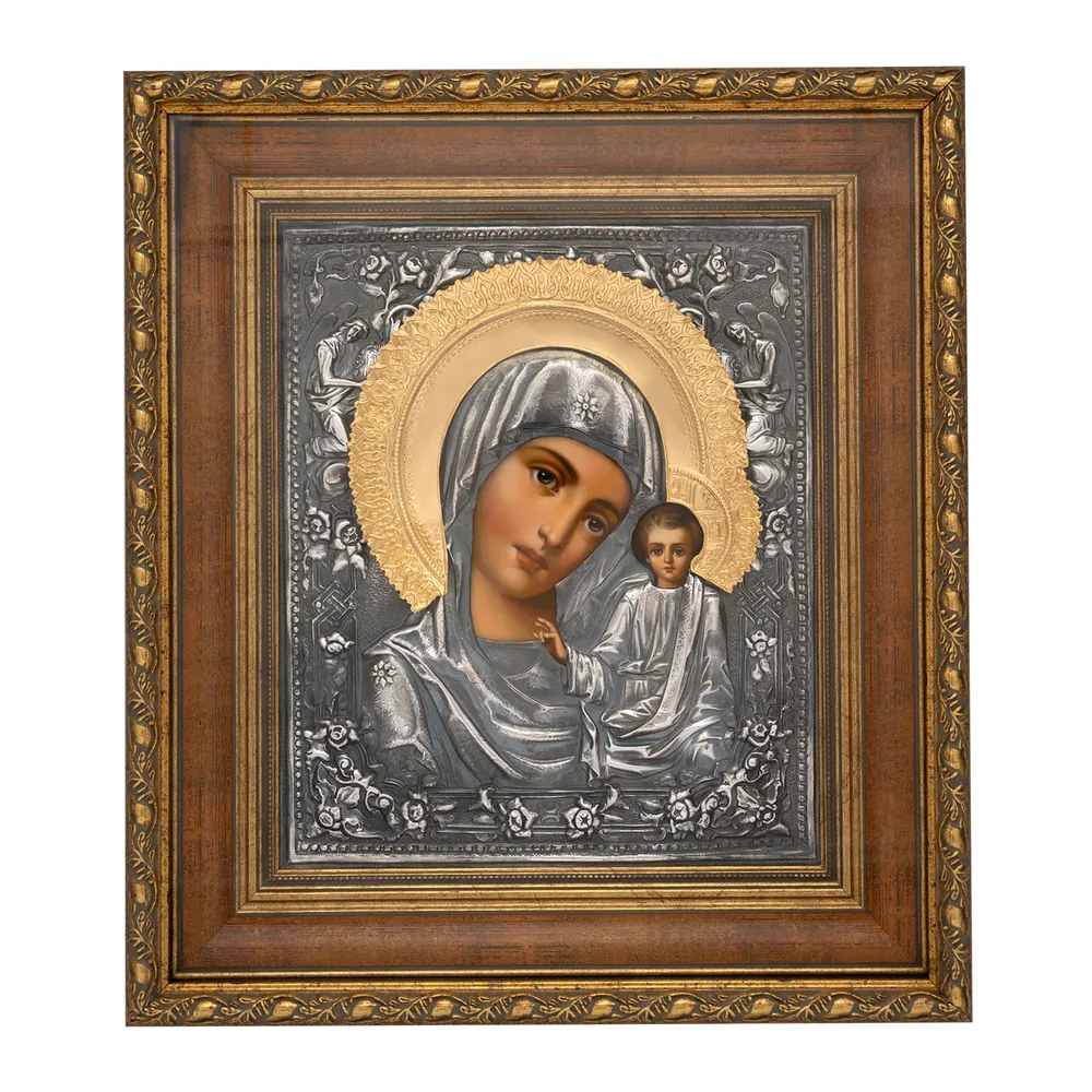 Painted icon in icon case 24×30 oil, riza cover №113, niello silver plating, icon case №22 Kazan Mother of God
