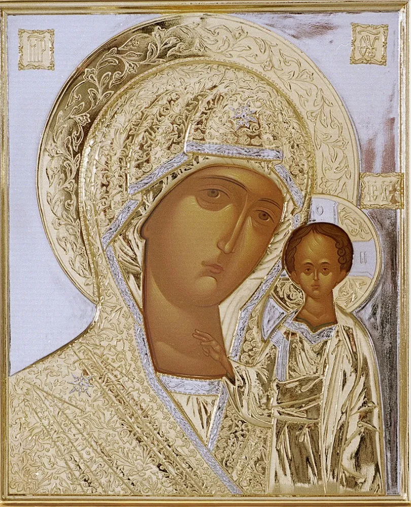 Painted icon of the Mother of God «Kazan» 24×30, tempera, riza cover №127, gilding