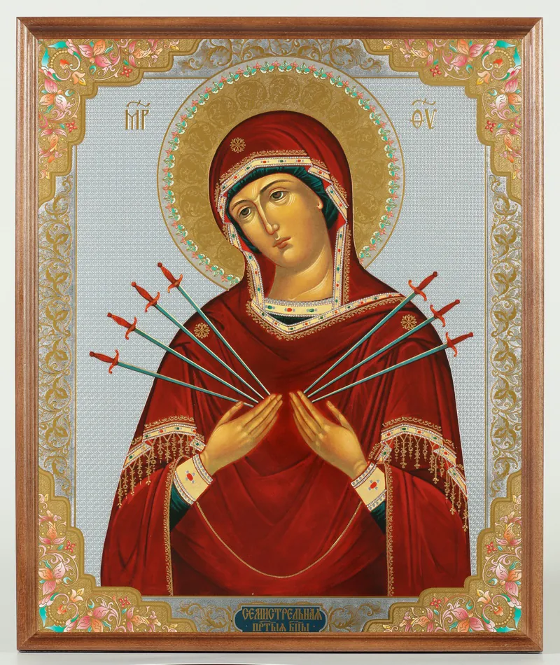 Icon in wooden frame №1 30×40 double embossing, packaging Seven Arrows Mother of God
