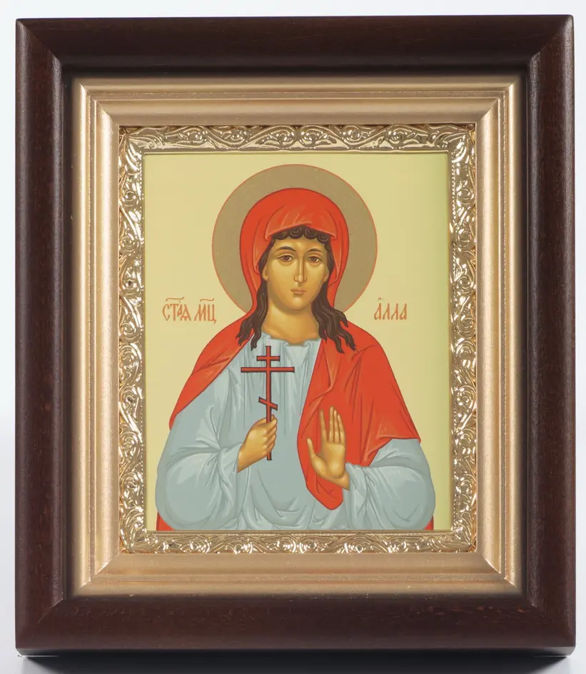 Икона в киоте 11х13 сложный, темпера, рамка золочёная Алла