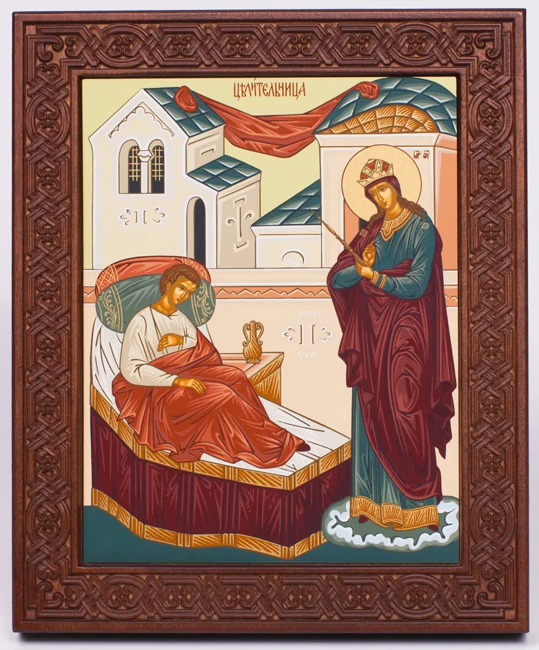 ხატი ხეზე 18×22 ნაგლინი, კიდობანი კვეთილი ჩარჩოთი, შეფუთვა მკურნალი ღვთისმშობელი