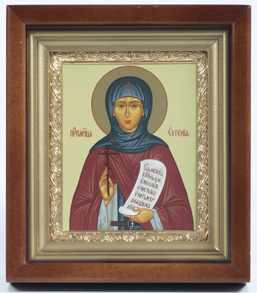 Icon in icon case 11×13 complex, tempera, gilded frame Eugenia