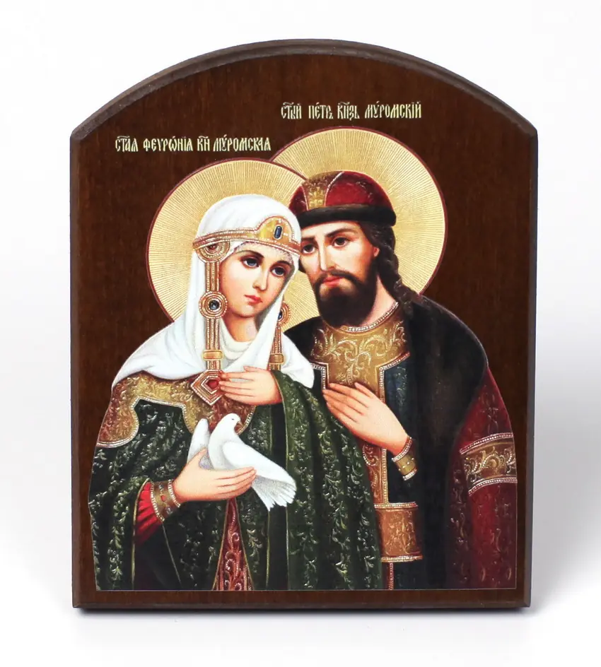 Icon on board 10×12 3D print, arched, varnish Peter and Fevronia