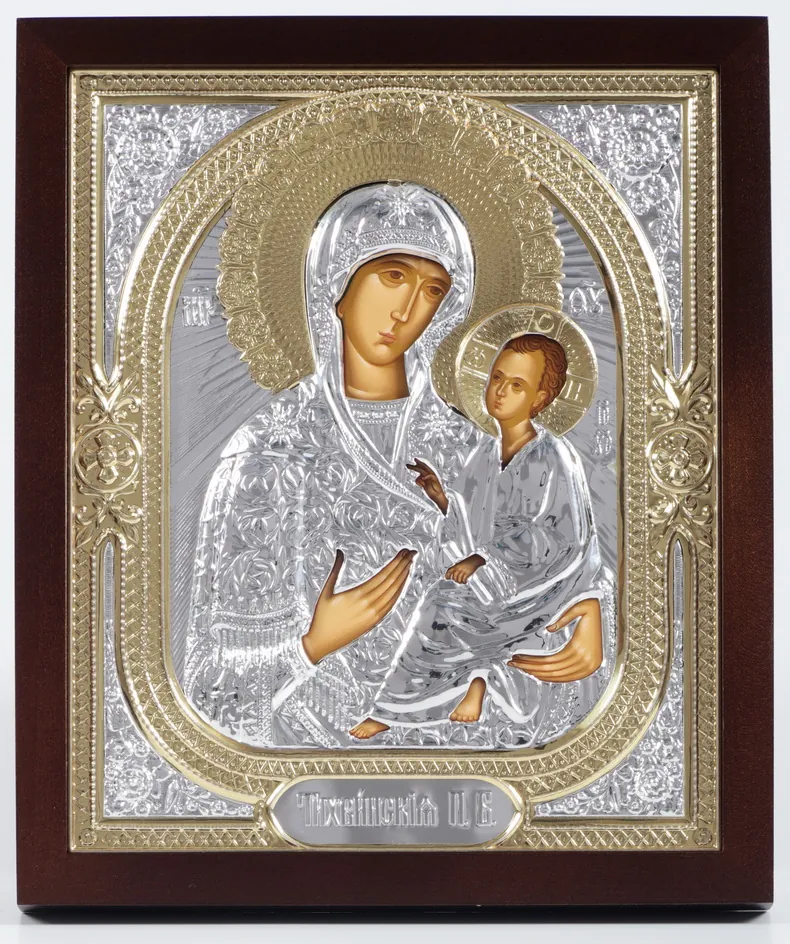 Icon in icon case 18×24 shaped №2 tempera, without stretcher, 3D riza №1 Tikhvin Mother of God