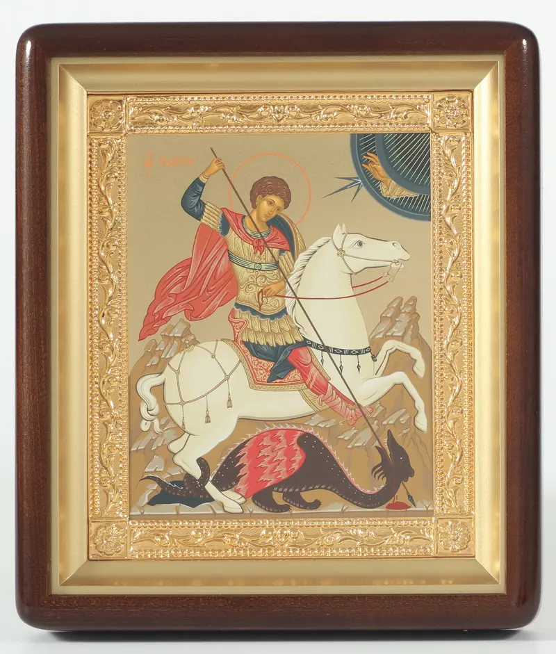 Icon in icon case 18×24 shaped, tempera №8, gilded frame Miracle of St George and the Dragon