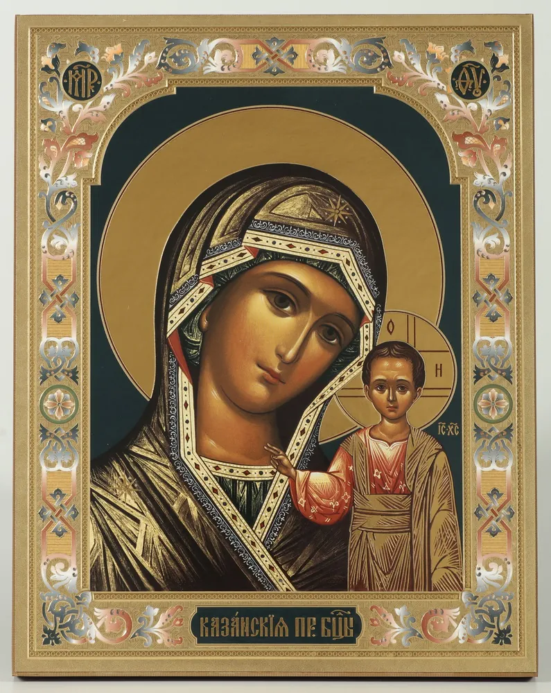 Icon on wooden panel 21×32 chipboard blind embossing, packaging Kazan Mother of God 29