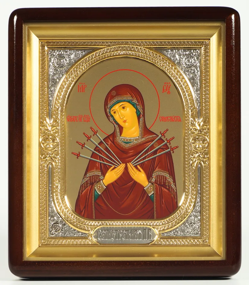 ხატი კიოტში 18×24 ფიგურული, ტემპერა №8, მოცულობითი მოჭედილობა-ჩარჩო, ღია, მოოქროვილი, მონიკელება შვიდისრიანი ღვთისმშობელი