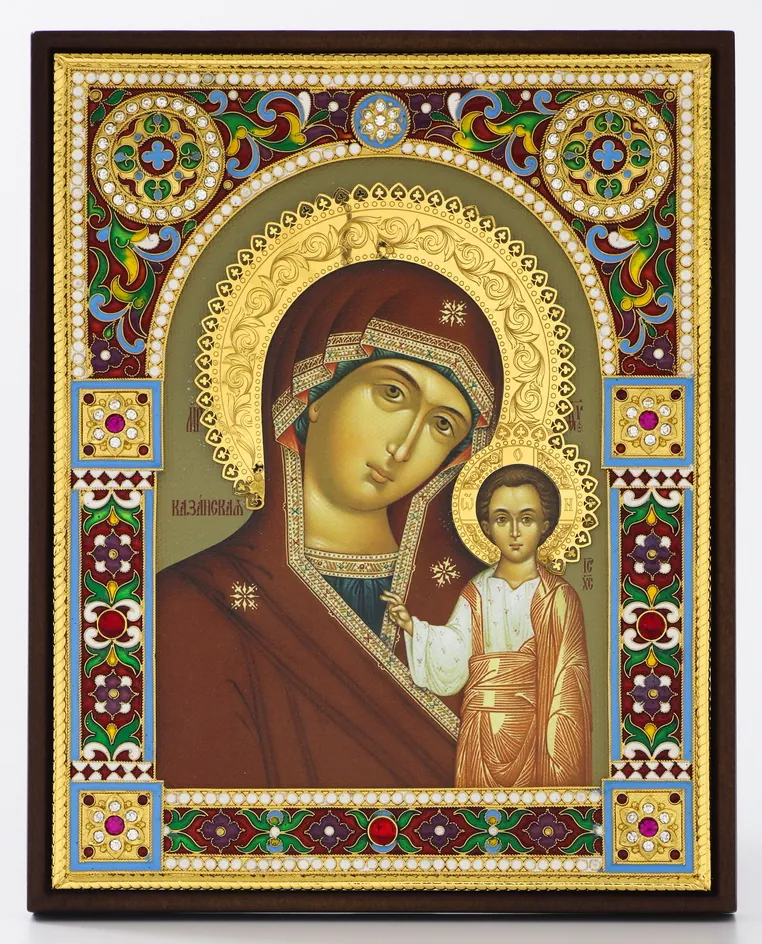 Icon in riza 16×19 electroforming, enamel / canvas / gilding, electrophoresis / in wooden frame Kazan Mother of God
