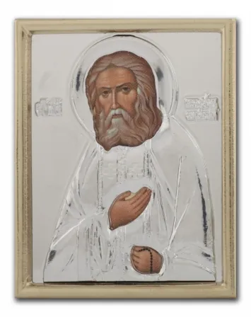 Icon in plastic frame 4×5 metallised riza cover Seraphim of Sarov