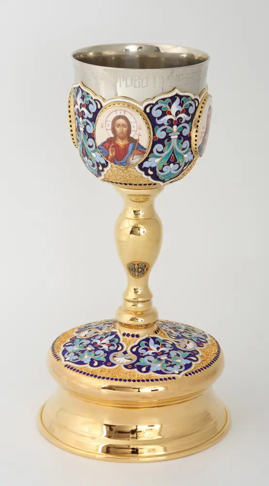Chalice 0.75 l 4-enamel miniatures, filigree, enamel / base old pattern / gilding / stainless cup