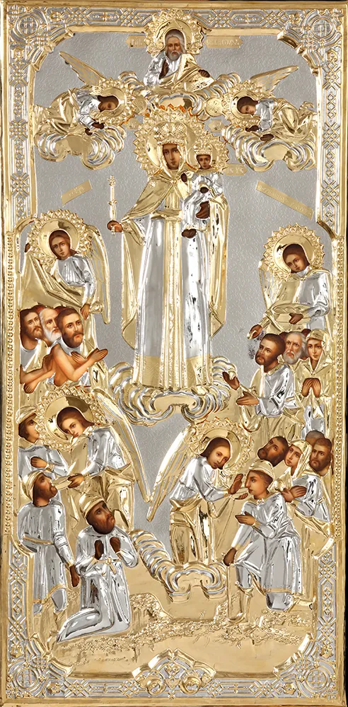 Painted icon of the Mother of God «Joy of All Who Sorrow» 50×100, oil, riza cover №269 gilding