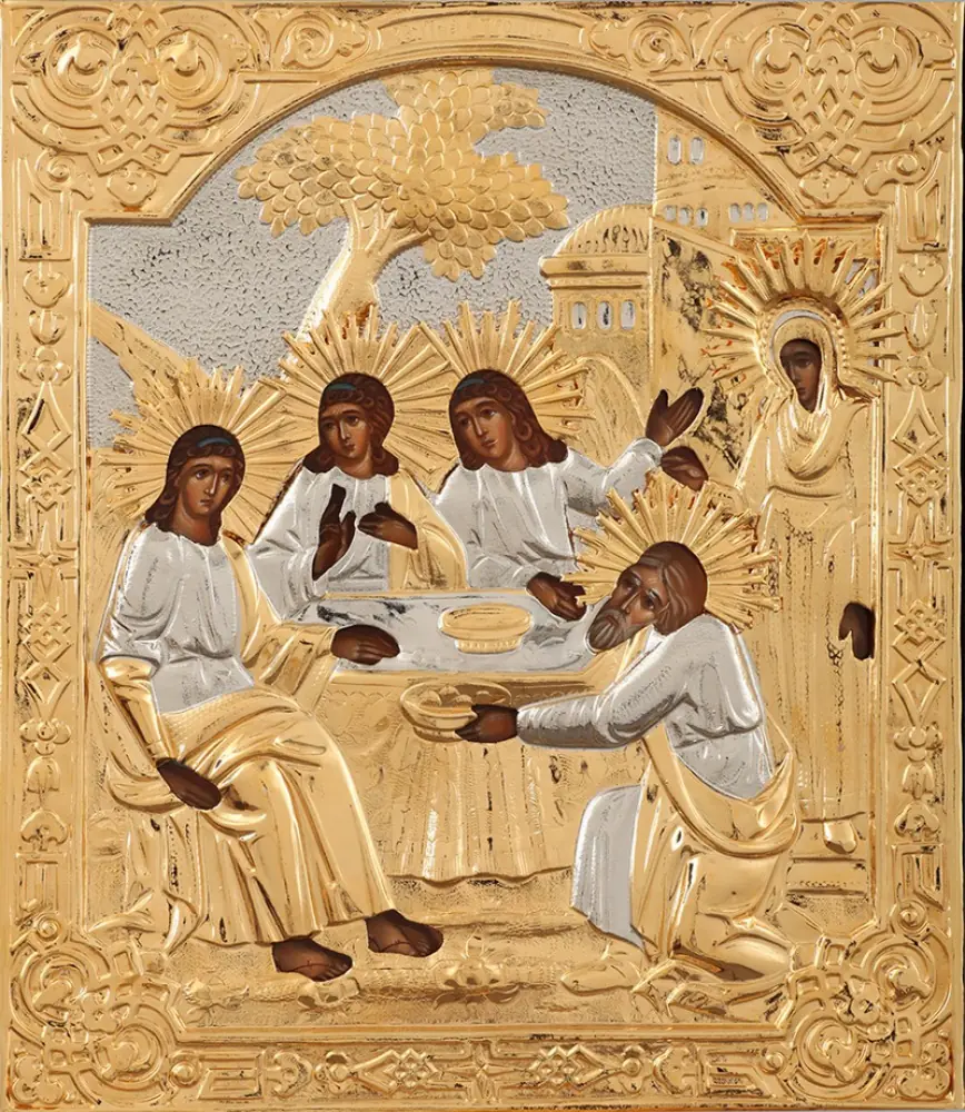 Painted icon of the Holy Trinity 24×30, oil, riza cover №112, gilding