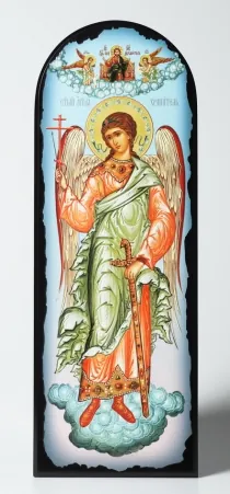 Icon on MDF 18×50 arched, 3D print, varnish Guardian Angel on light-blue background