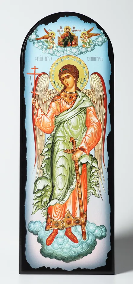 Icon on MDF 18×50 arched, 3D print, varnish Guardian Angel on light-blue background