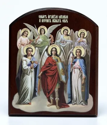 Icon on board 10×12 3D print, arched, varnish Synaxis of Archangel Michael