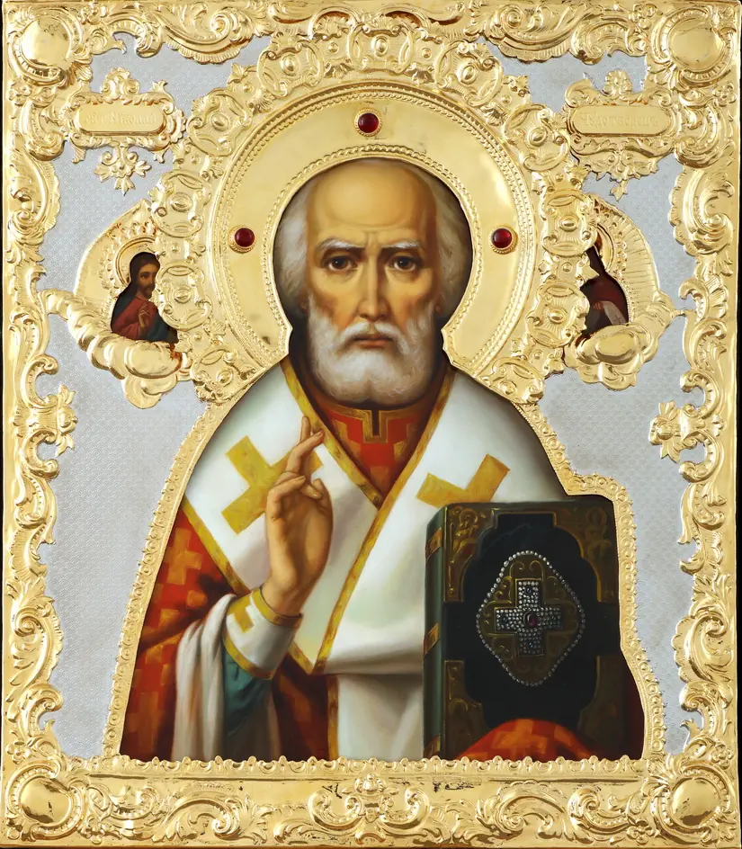 Painted icon of St Nicholas the Wonderworker 40×45, oil, riza cover №302, gilding, stones