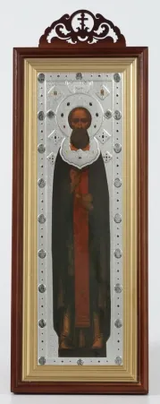 Icon in icon case 20×50 complex with carved with finial, blind embossing Sergius of Radonezh 2