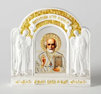 Sculptural composition with photo image (plaster) Nicholas the Wonderworker