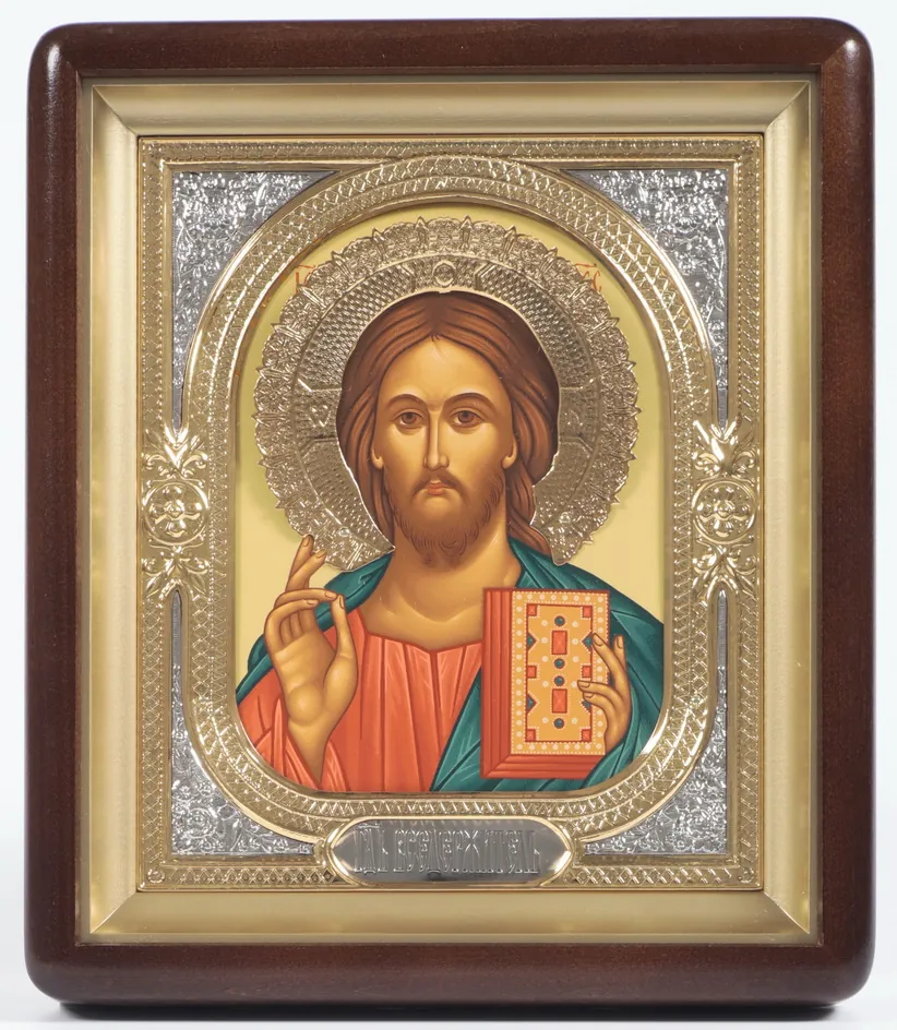 Icon in icon case 18×24 shaped, tempera, halo crown, 3D riza frame, open, gilding Saviour