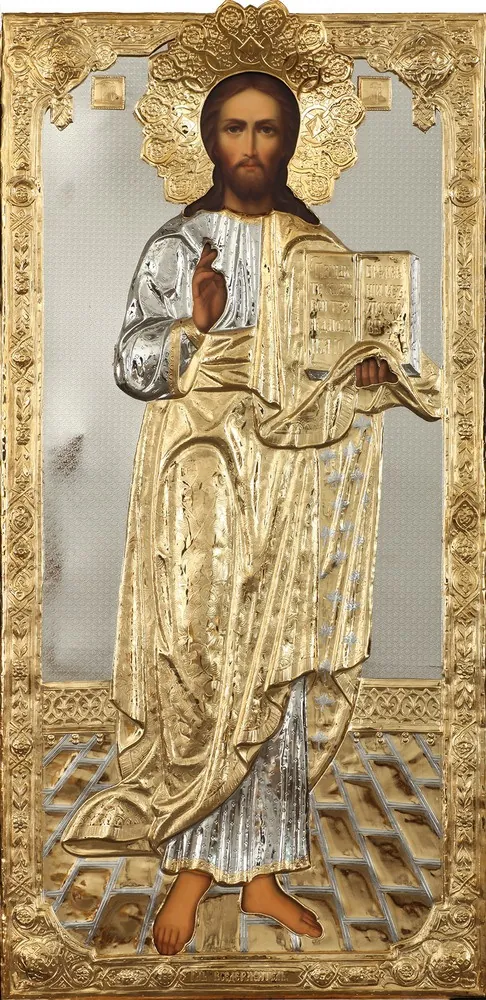 Painted icon of the Saviour 60×120, oil, riza cover №171, gilding