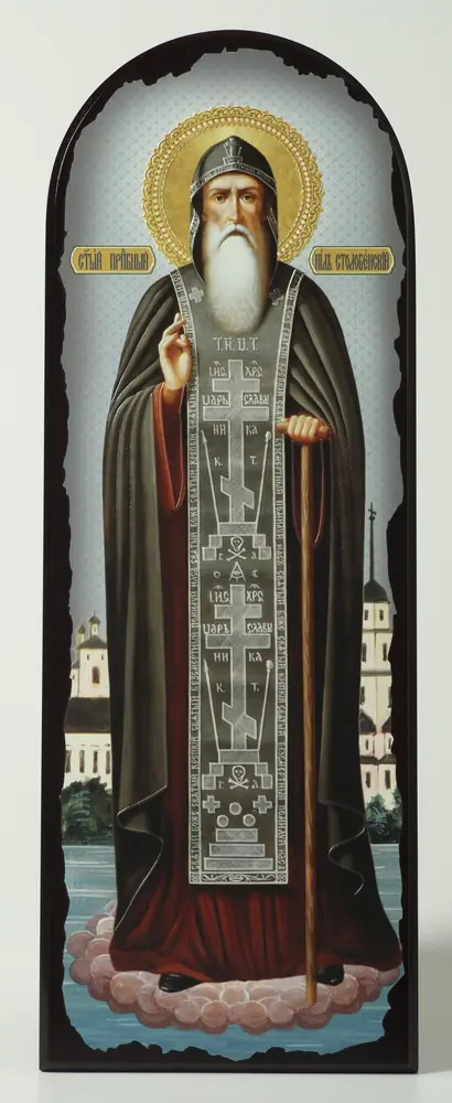 Icon on MDF 18×50 arched, 3D print, varnish Nilus of Stolobny