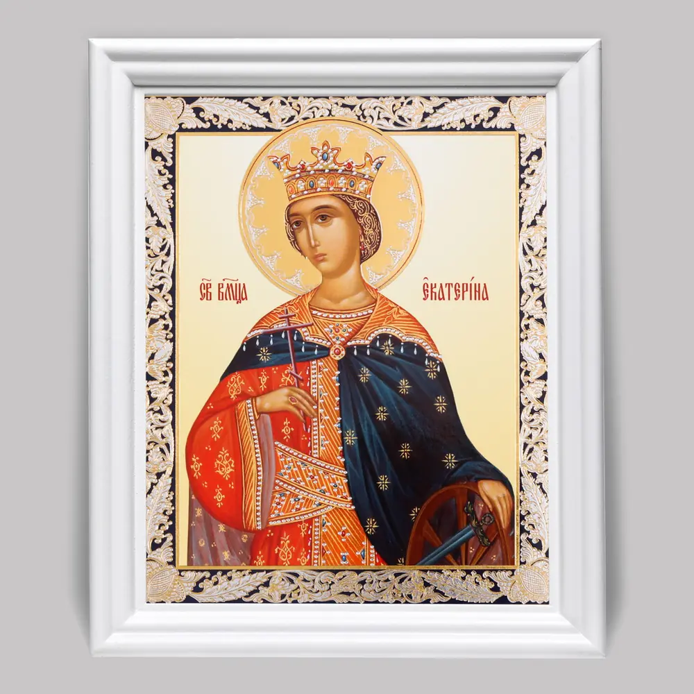 Икона в деревянной рамке №3 11х13 (белая) двойное тиснение Екатерина Александрийская, вмц. (3)