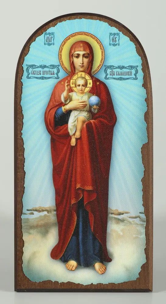 Icon on wood 11×22 arched, canvas, packaging Valaam Mother of God (light-blue background)