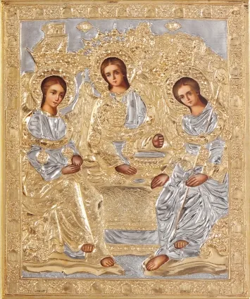 Painted icon of the Holy Trinity 18×24, oil, riza cover №273, gilding