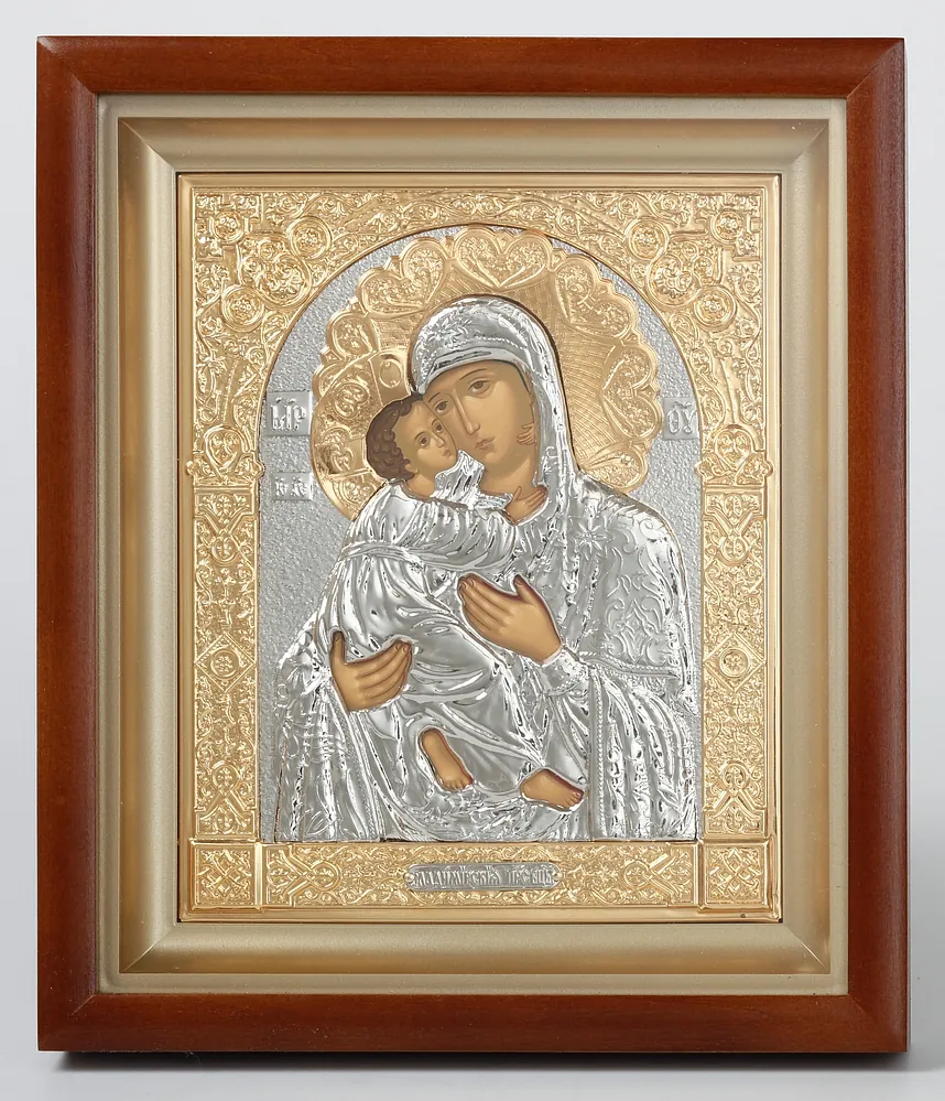 ხატი კიოტში 15×19 რთული, ტემპერა, მოცულობითი მოჭედილობა, ნიკელი, მოოქროვება ვლადიმირის ღვთისმშობელი
