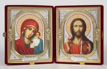 Folding icon in case 18×24 velvet, photo, riza frame №1 Saviour-Kazan Mother of God