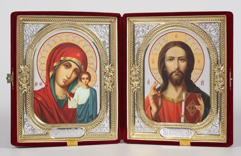 Folding icon in case 18×24 velvet, photo, riza frame №1 Saviour-Kazan Mother of God
